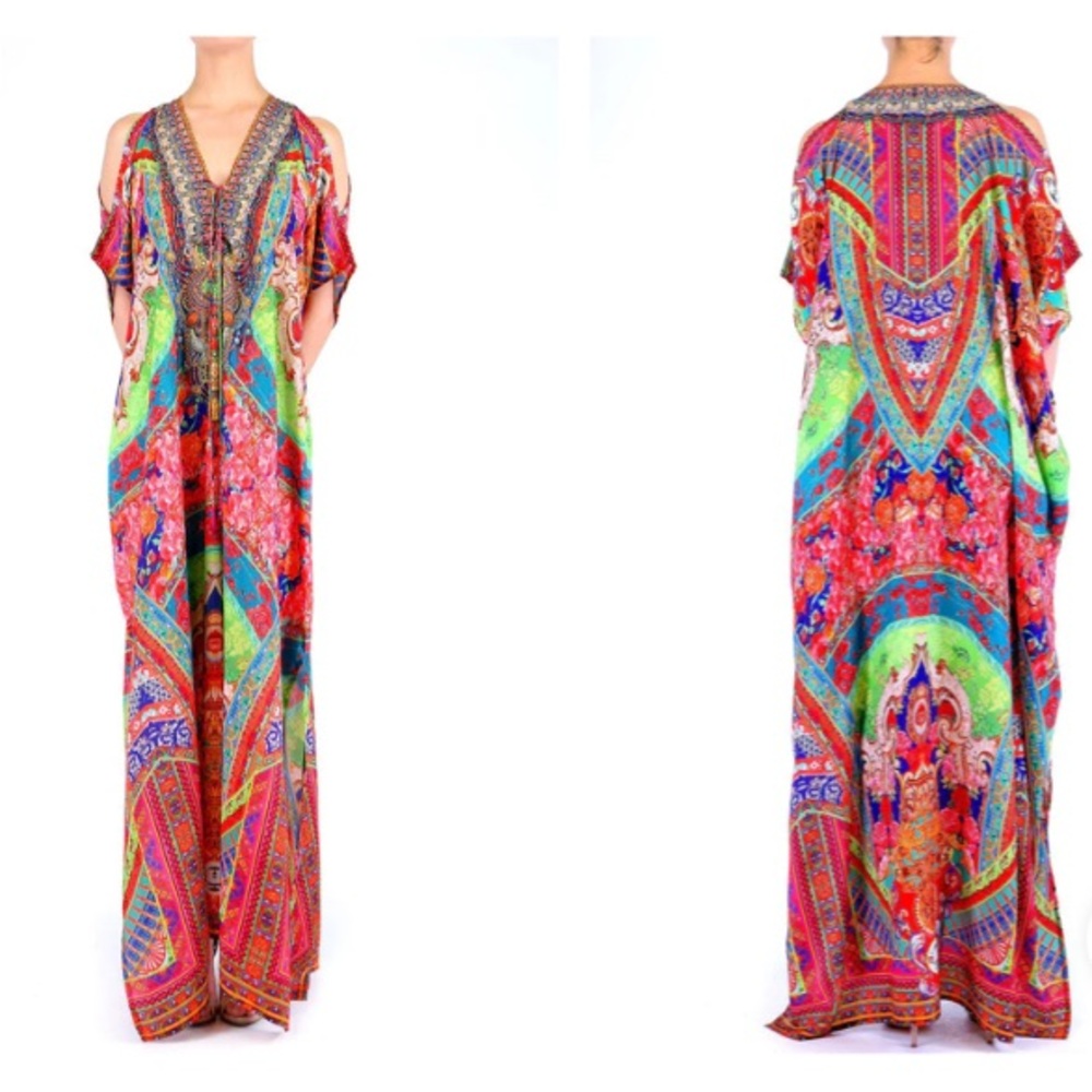 Shahida Parides Silk Kaftan Dress Maxi Green Crush Beaded Crystal One Size